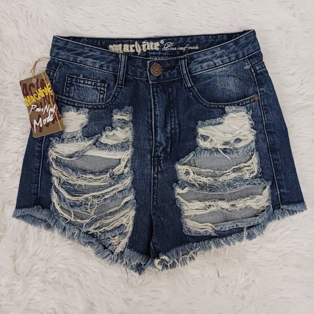 Machine Nouvelle Mode Womens Blue Jean Shorts Size 28 Distressed Italy NWT